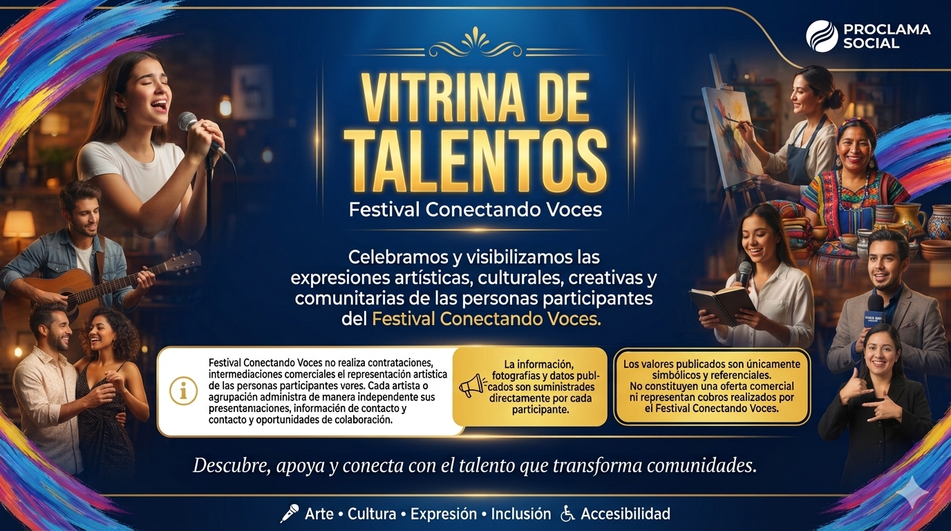 En esta vitrina celebramos las expresiones artísticas, culturales y creativas de las personas participantes del Festival Conectando Voces. Un espacio para descubrir, apoyar y reconocer el talento que transforma comunidades. Los valores compartidos por los participantes son únicamente simbólicos y referenciales.